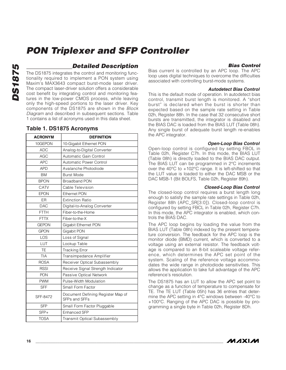 Detailed description, Bias control, Autodetect bias control | Open-loop bias control, Closed-loop bias control, Table 1. ds1875 acronyms, Ds1875 pon triplexer and sfp controller | Rainbow Electronics DS1875 User Manual | Page 16 / 92