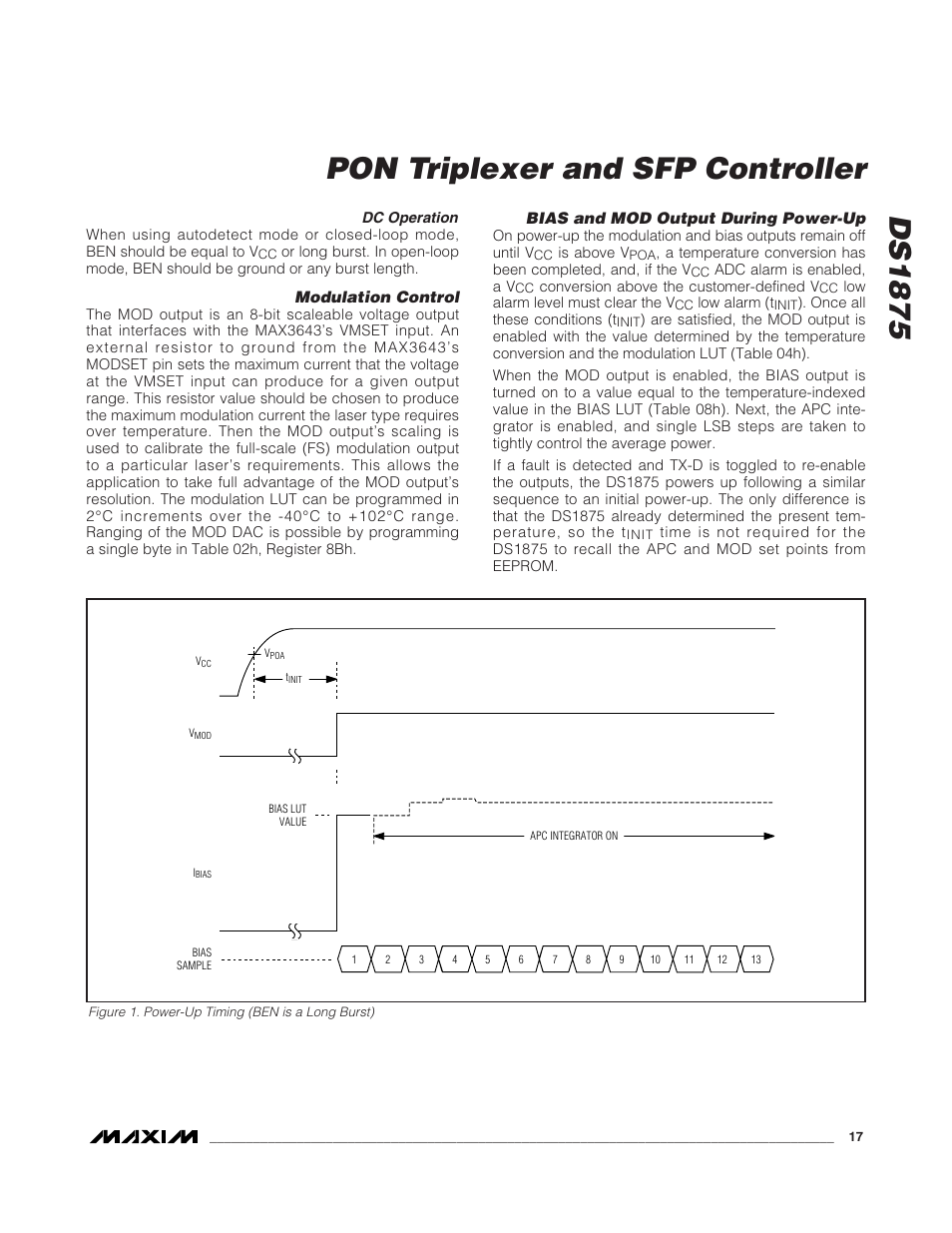 Dc operation, Modulation control, Bias and mod output during p | Bias and mod output during power-up, Figure 1. power-up timing (ben is a long burst), Ds1875, Pon triplexer and sfp controller | Rainbow Electronics DS1875 User Manual | Page 17 / 92