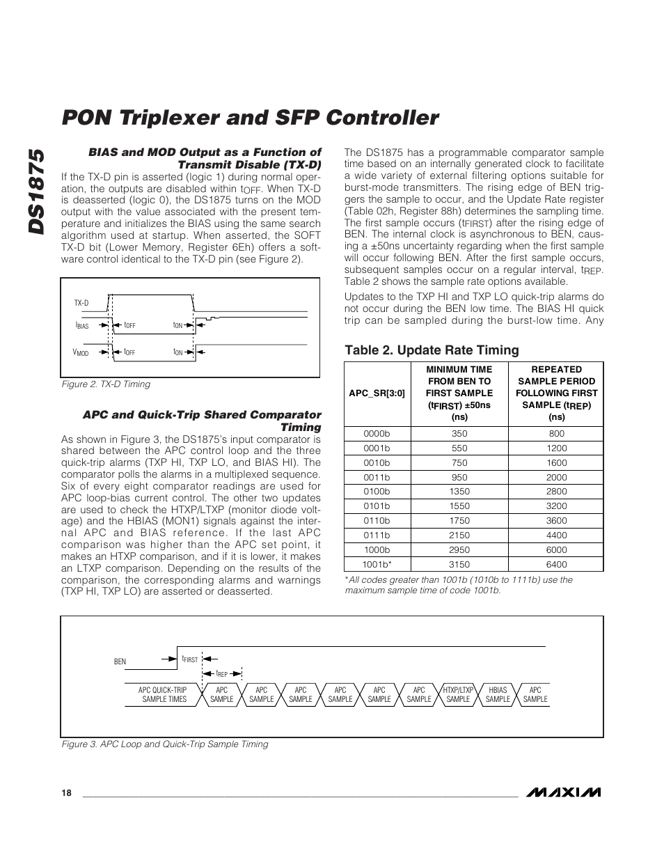 Bias and mod output as a fun, Apc and quick-trip shared co, Apc and quick-trip shared comparator timing | Figure 2. tx-d timing, Figure 3. apc loop and quick-trip sample timing, Table 2. update rate timing, Ds1875 pon triplexer and sfp controller | Rainbow Electronics DS1875 User Manual | Page 18 / 92