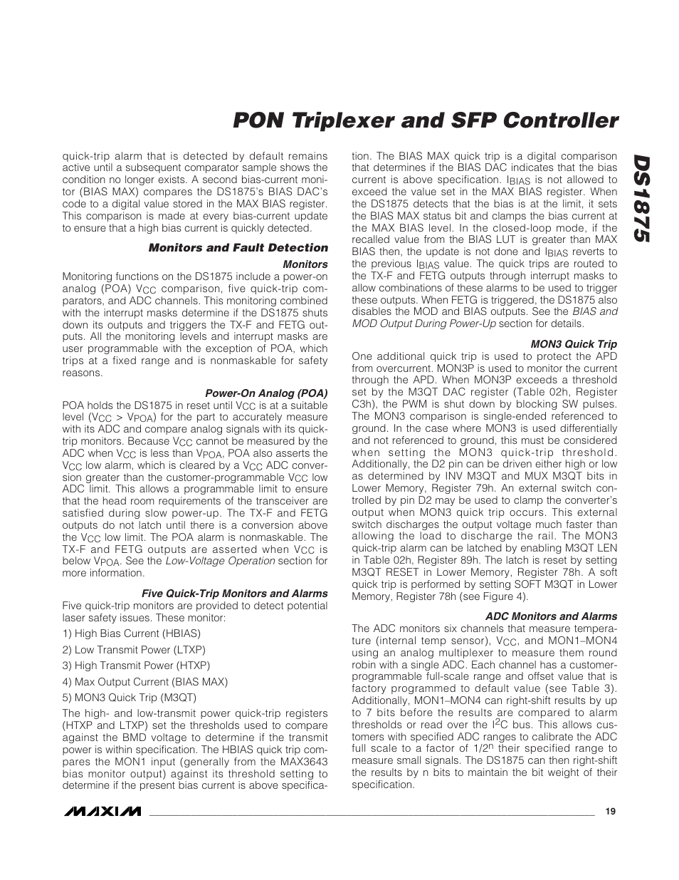 Monitors and fault detection, Monitors, Power-on analog (poa) | Quick-trip monitors and alarms, Mon3 quick trip, Adc monitors and alarms, Ds1875, Pon triplexer and sfp controller | Rainbow Electronics DS1875 User Manual | Page 19 / 92
