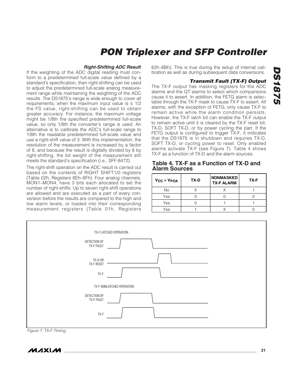 Right-shifting adc result, Transmit fault (tx-f) output, Figure 7. tx-f timing | Ds1875, Pon triplexer and sfp controller | Rainbow Electronics DS1875 User Manual | Page 21 / 92