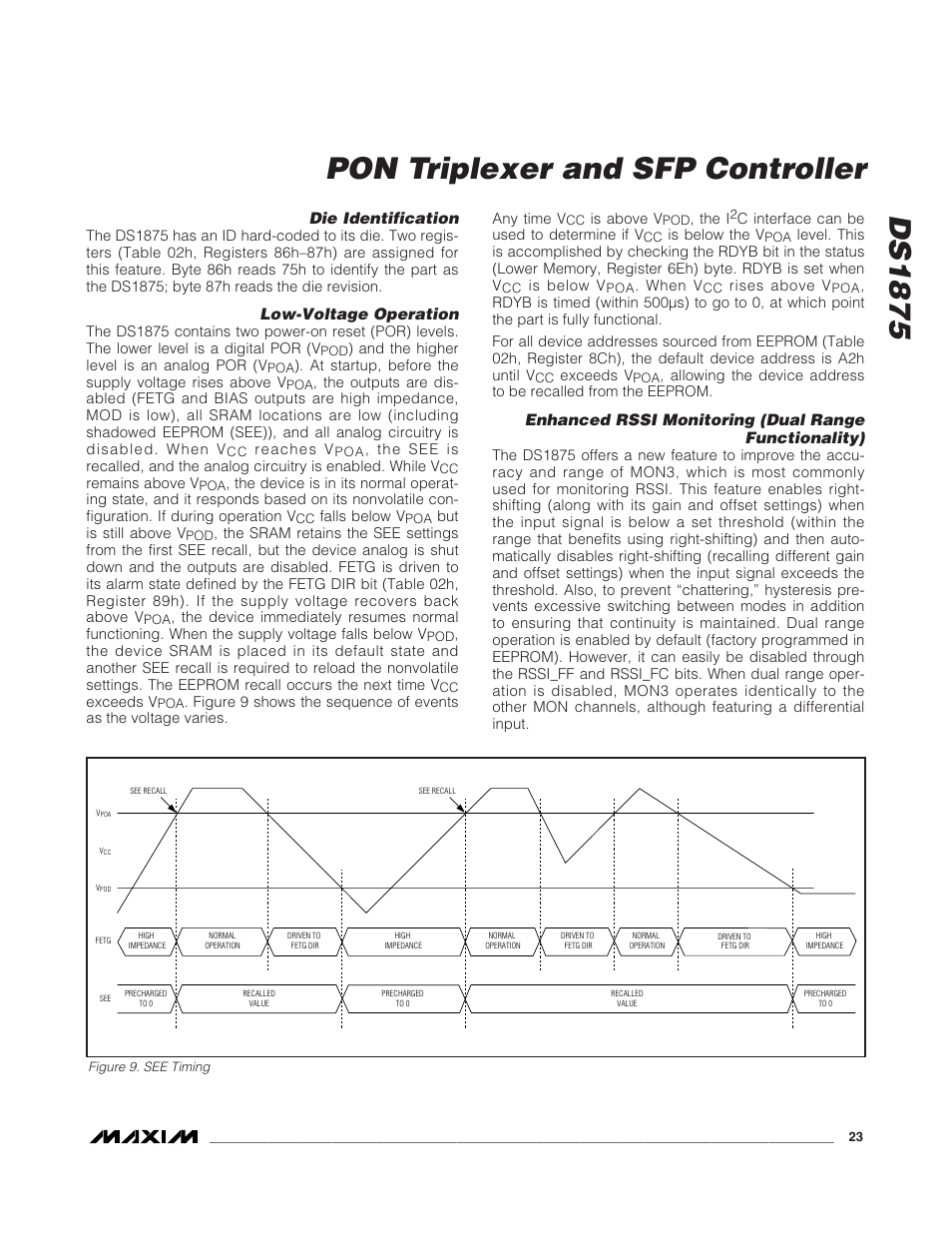 Die identification, Low-voltage operation, Enhanced rssi monitoring (du | Figure 9. see timing, Ds1875, Pon triplexer and sfp controller | Rainbow Electronics DS1875 User Manual | Page 23 / 92