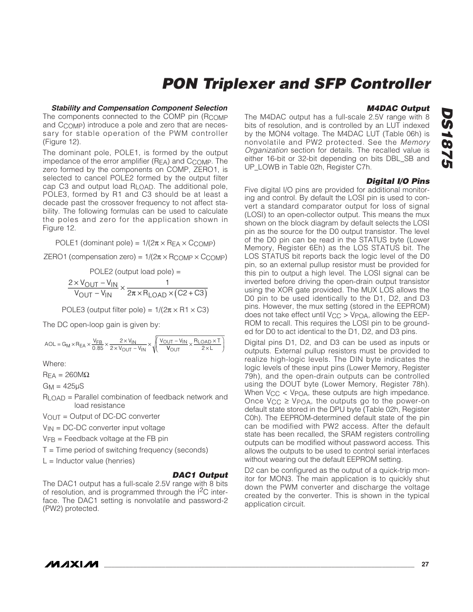 Stability and compensation c, Dac1 output, M4dac output | Digital i/o pins, Stability and compensation component selection, Ds1875, Pon triplexer and sfp controller | Rainbow Electronics DS1875 User Manual | Page 27 / 92