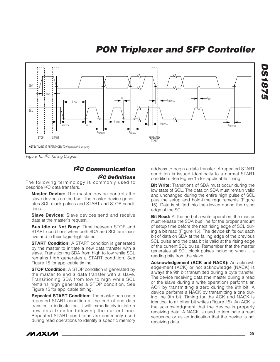 I2c communication, I2c definitions, C communication | C definitions, Figure 15. i, C timing diagram, Ds1875, Pon triplexer and sfp controller | Rainbow Electronics DS1875 User Manual | Page 29 / 92