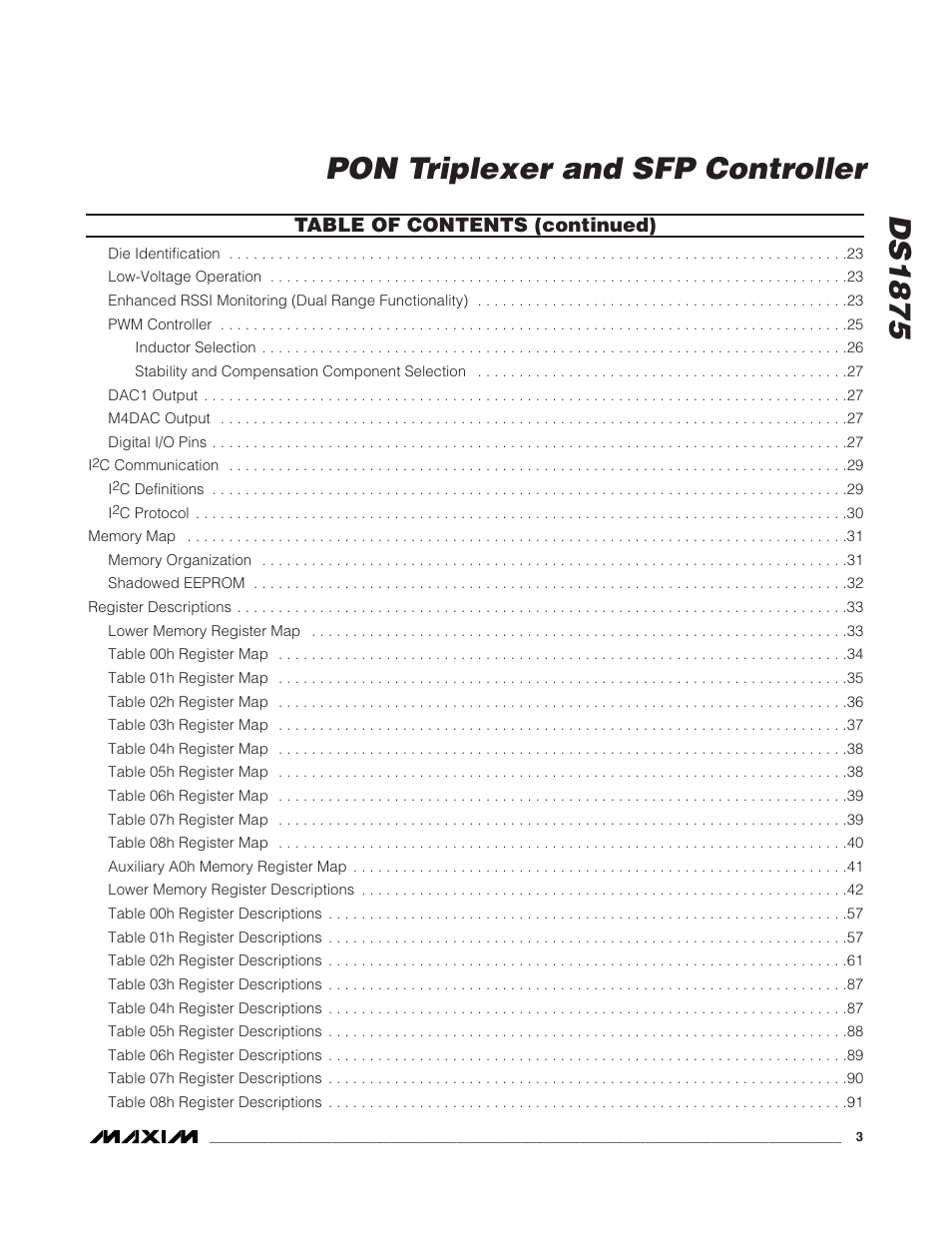 Ds1875, Pon triplexer and sfp controller, Table of contents (continued) | Rainbow Electronics DS1875 User Manual | Page 3 / 92