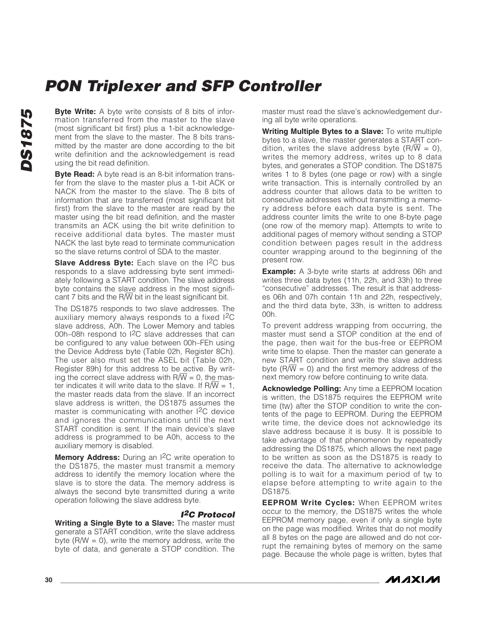 C protocol, Ds1875 pon triplexer and sfp controller | Rainbow Electronics DS1875 User Manual | Page 30 / 92