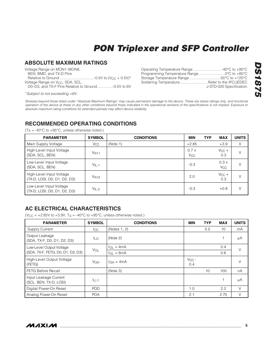 Absolute maximum ratings, Recommended operating condit, Ac electrical characteristics | Recommended operating conditions, Ds1875, Pon triplexer and sfp controller | Rainbow Electronics DS1875 User Manual | Page 5 / 92