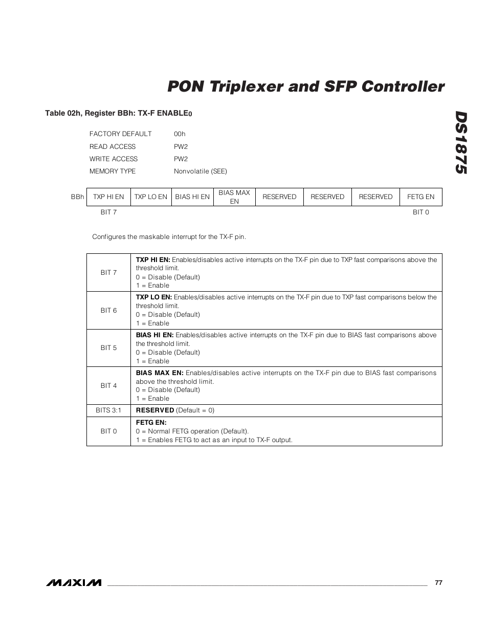 Ds1875, Pon triplexer and sfp controller | Rainbow Electronics DS1875 User Manual | Page 77 / 92