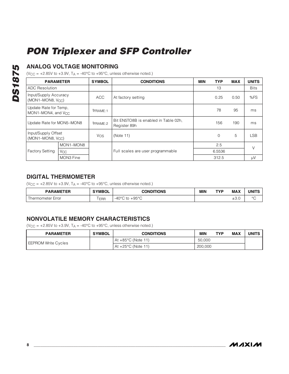 Analog voltage monitoring, Digital thermometer, Nonvolatile memory character | Nonvolatile memory characteristics, Ds1875 pon triplexer and sfp controller | Rainbow Electronics DS1875 User Manual | Page 8 / 92