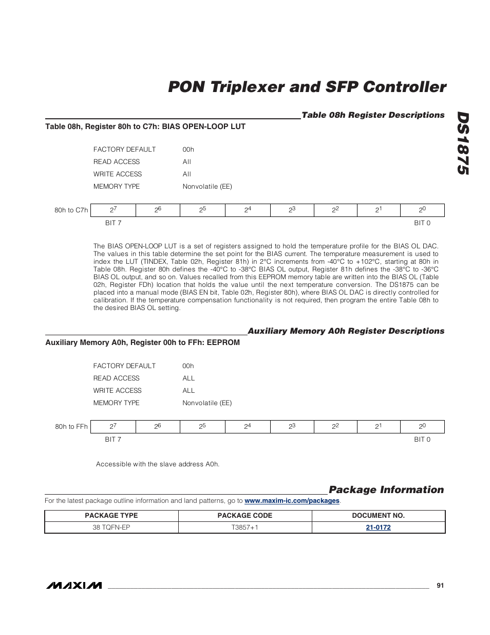 Table 08h register descriptions, Auxiliary memory a0h registe, Auxiliary memory a0h register descriptions | Package information, Ds1875 pon triplexer and sfp controller | Rainbow Electronics DS1875 User Manual | Page 91 / 92