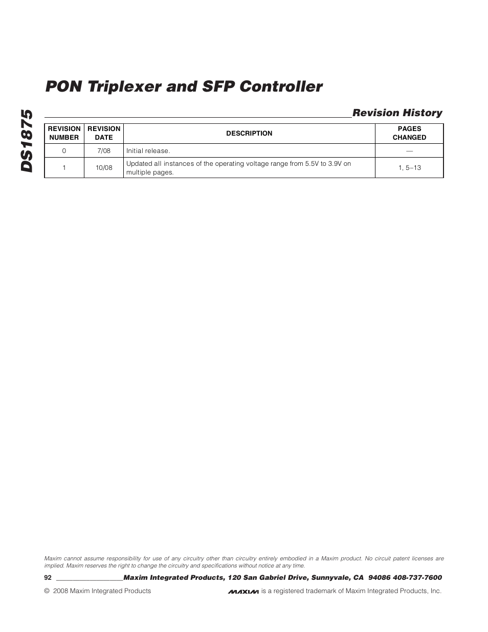 Revision history, Ds1875 pon triplexer and sfp controller | Rainbow Electronics DS1875 User Manual | Page 92 / 92
