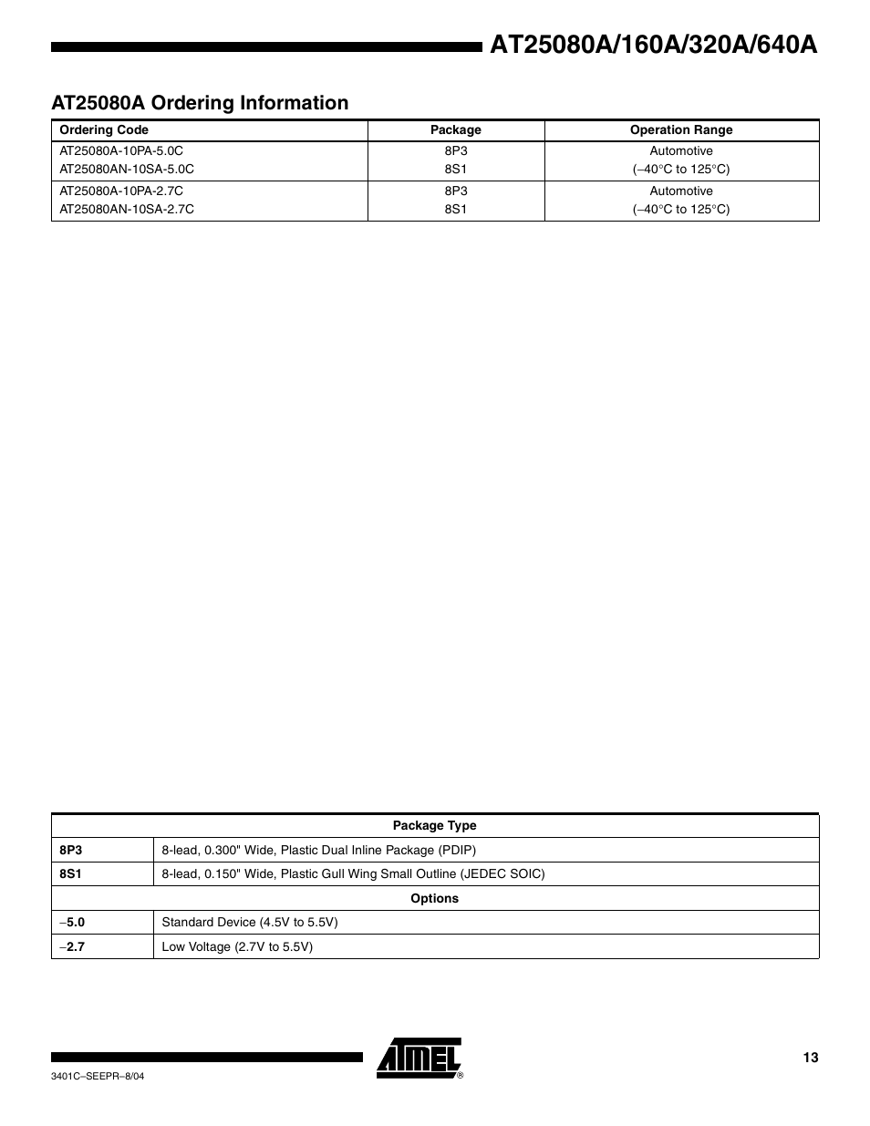 At25080a ordering information | Rainbow Electronics AT25640A User Manual | Page 13 / 19