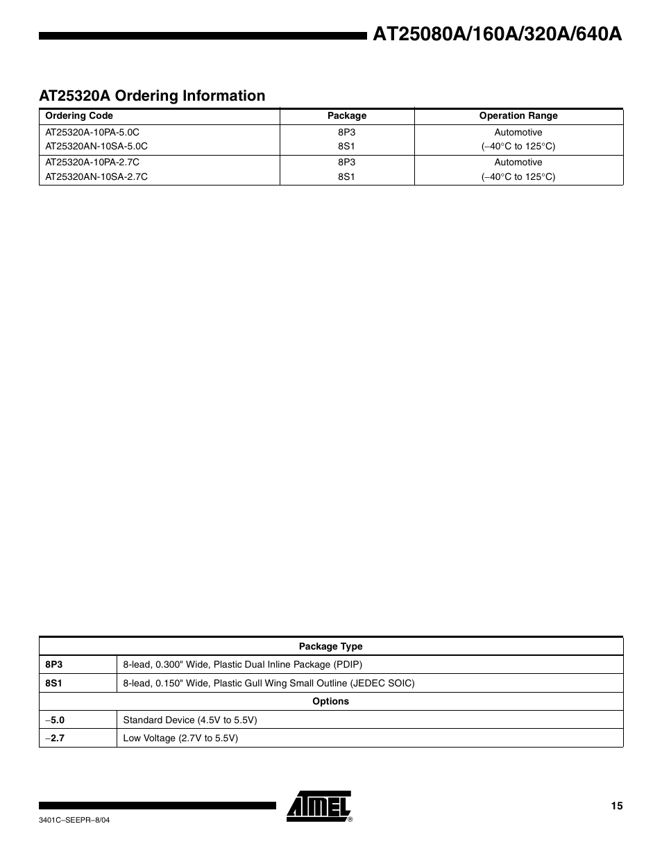 At25320a ordering information | Rainbow Electronics AT25640A User Manual | Page 15 / 19