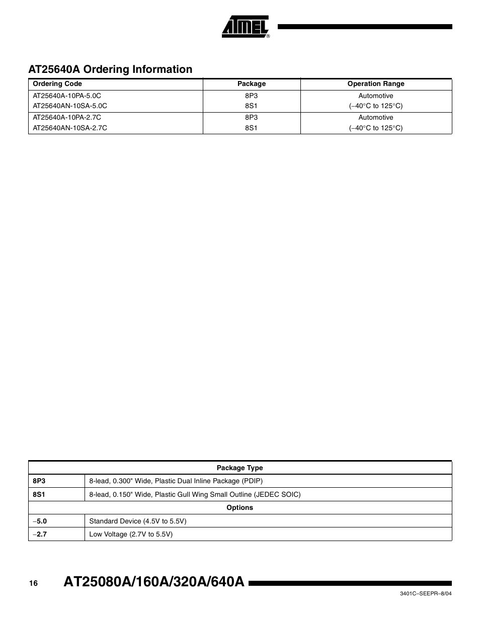 At25640a ordering information | Rainbow Electronics AT25640A User Manual | Page 16 / 19