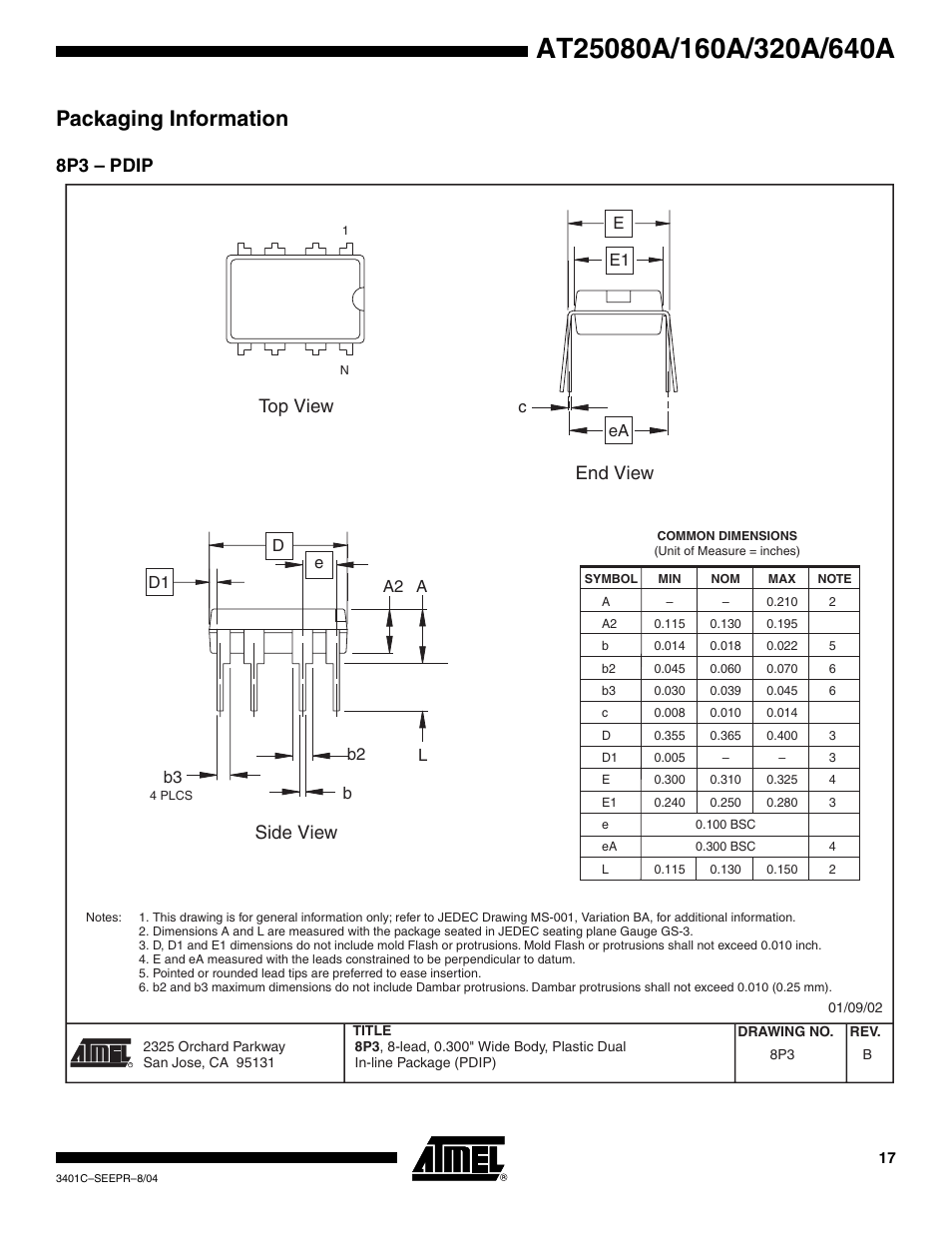 Packaging information, 8p3 - pdip, 8p3 – pdip | Top view side view end view | Rainbow Electronics AT25640A User Manual | Page 17 / 19