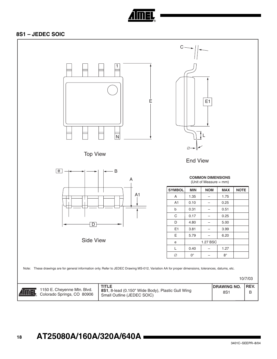 8s1 - jedec soic, 8s1 – jedec soic, Top view end view side view | Rainbow Electronics AT25640A User Manual | Page 18 / 19