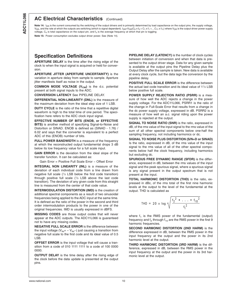 Specification definitions, Note 14), Note 15) | Ac electrical characteristics | Rainbow Electronics ADC11L066 User Manual | Page 10 / 27