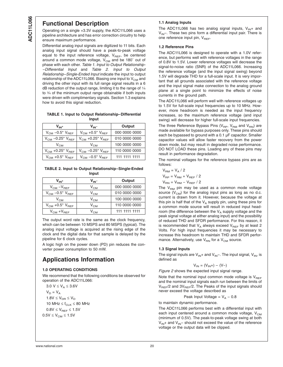 Functional description, Applications information, 0 operating conditions | 1 analog inputs, 2 reference pins, 3 signal inputs | Rainbow Electronics ADC11L066 User Manual | Page 20 / 27