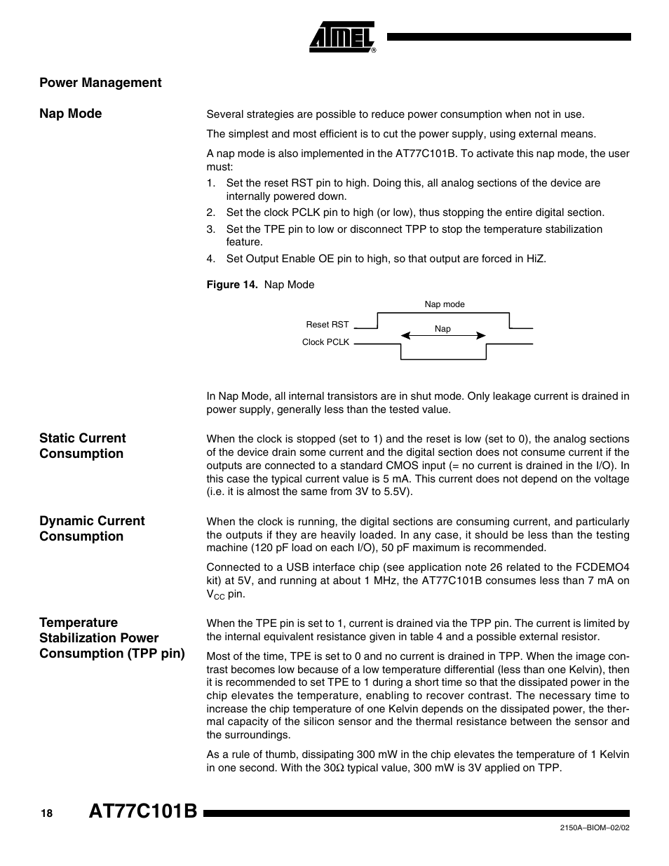 Power management, Nap mode, Static current consumption | Dynamic current consumption | Rainbow Electronics AT77C101B FingerChip™ User Manual | Page 18 / 23