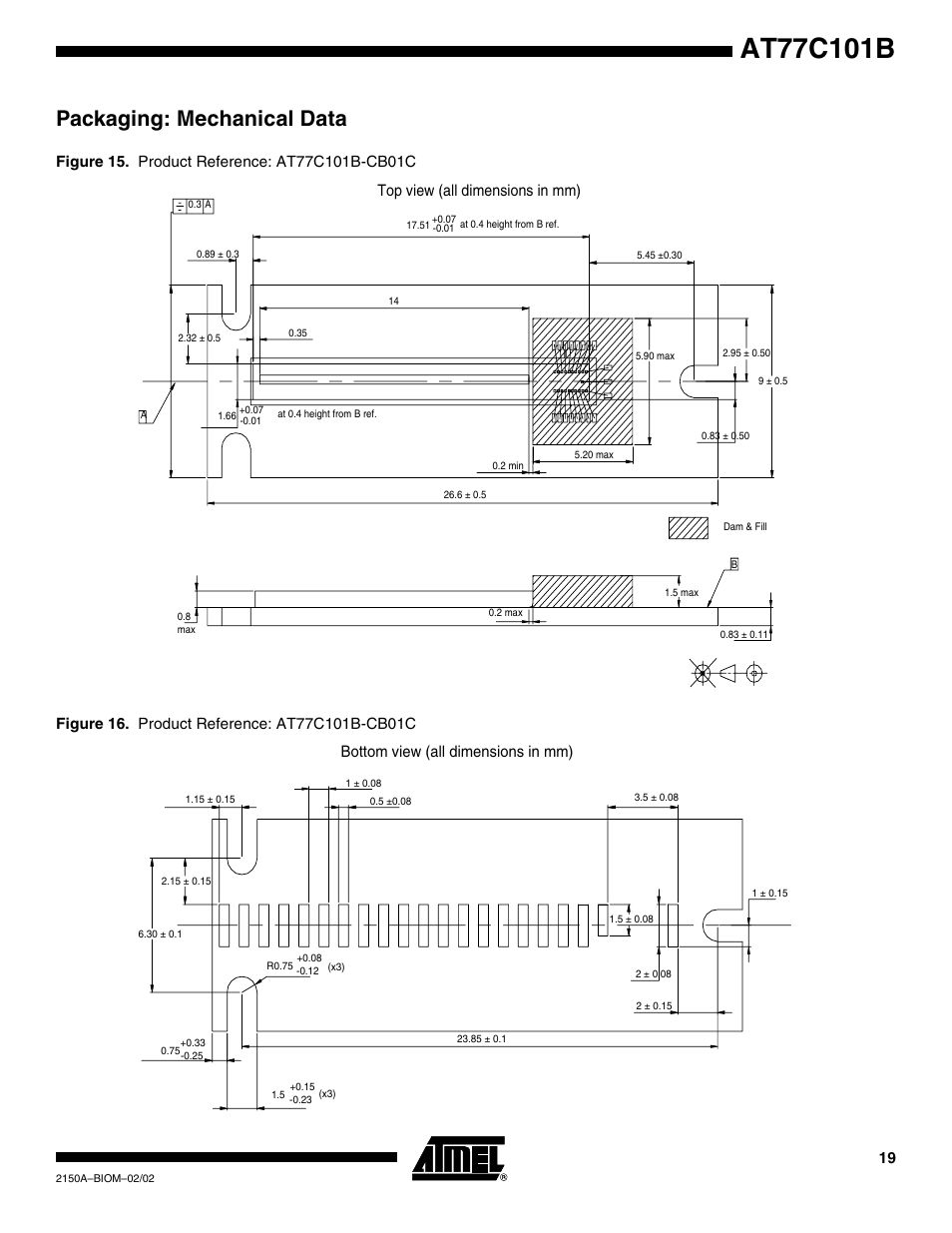 Packaging: mechanical data, Bottom view (all dimensions in mm) | Rainbow Electronics AT77C101B FingerChip™ User Manual | Page 19 / 23