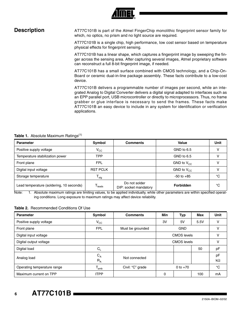 Description | Rainbow Electronics AT77C101B FingerChip™ User Manual | Page 6 / 23