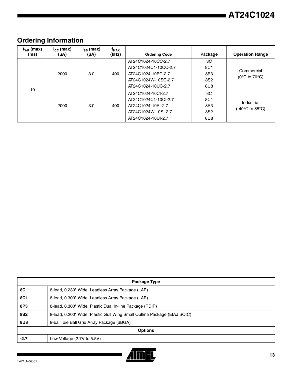 Ordering information | Rainbow Electronics AT24C1024 User Manual | Page 13 / 16