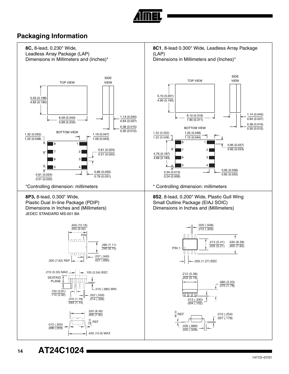 Packaging information, Controlling dimension: millimeters | Rainbow Electronics AT24C1024 User Manual | Page 14 / 16