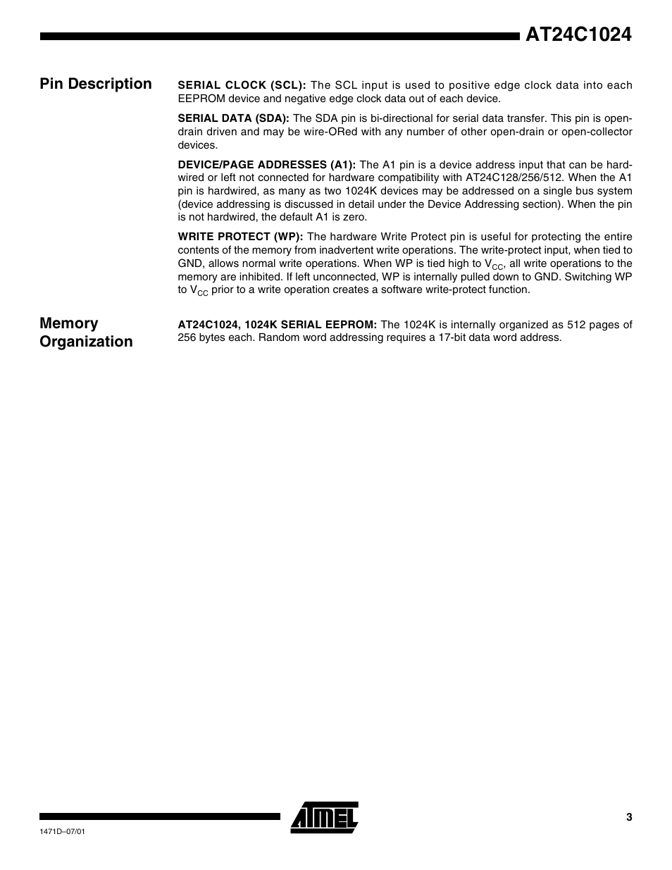 Pin description, Memory organization | Rainbow Electronics AT24C1024 User Manual | Page 3 / 16