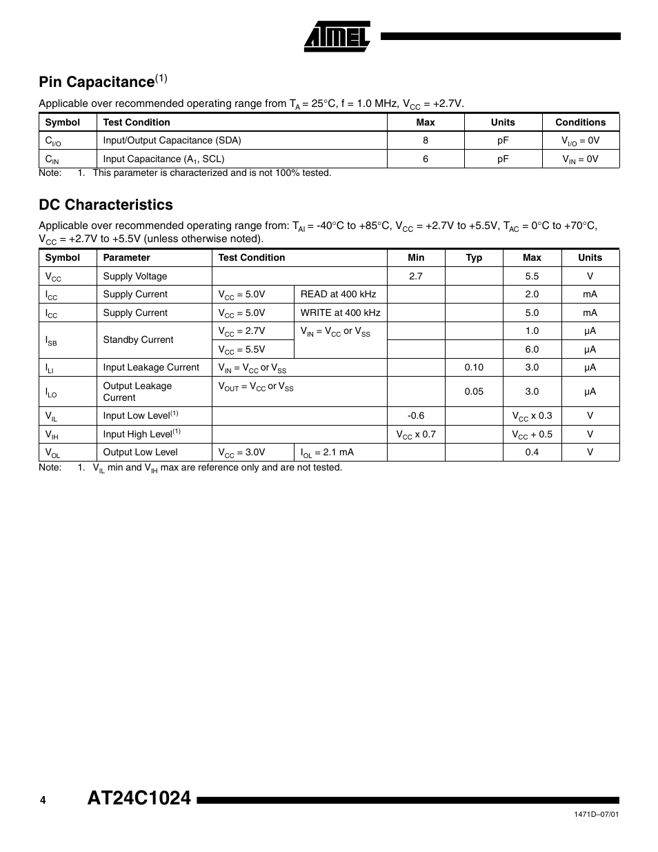 Pin capacitance(1), Dc characteristics, Pin capacitance | Rainbow Electronics AT24C1024 User Manual | Page 4 / 16