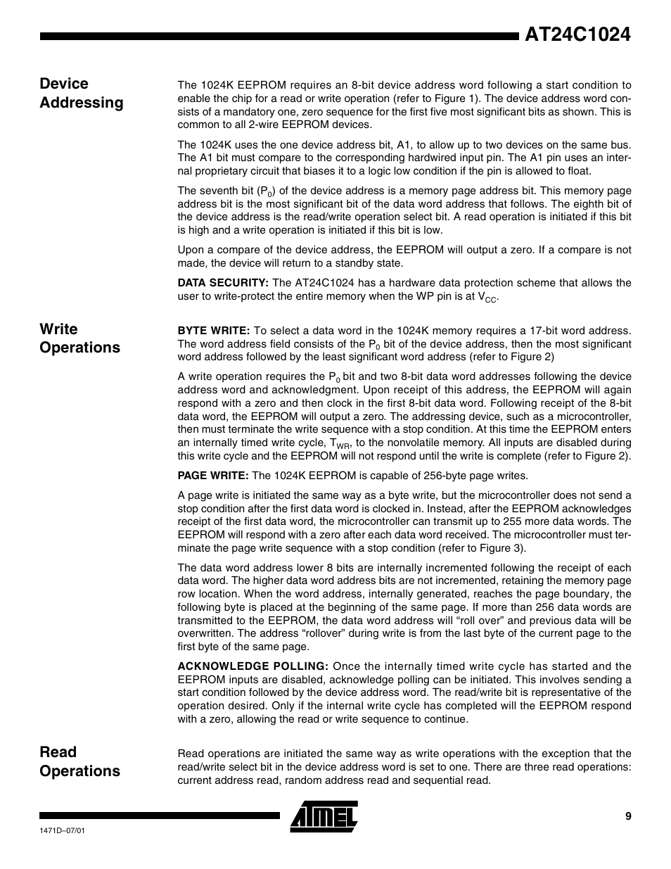 Device addressing, Write operations, Read operations | Rainbow Electronics AT24C1024 User Manual | Page 9 / 16