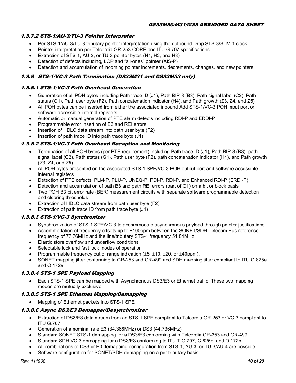 2 sts-1/au-3/tu-3 pointer interpreter, 1 sts-1/vc-3 path overhead generation, 3 sts-1/vc-3 synchronizer | 4 sts-1 spe payload mapping, 5 sts-1 spe ethernet mapping/demapping, 6 async ds3/e3 demapper/desynchronizer | Rainbow Electronics DS33M33 User Manual | Page 10 / 20