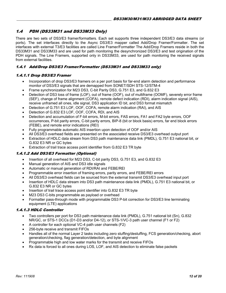 4 pdh (ds33m31 and ds33m33 only), 1 drop ds3/e3 framer, 2 add ds3/e3 formatter (optional) | 3 hdlc controller, Pdh (ds33m31, Ds33m33 o | Rainbow Electronics DS33M33 User Manual | Page 12 / 20