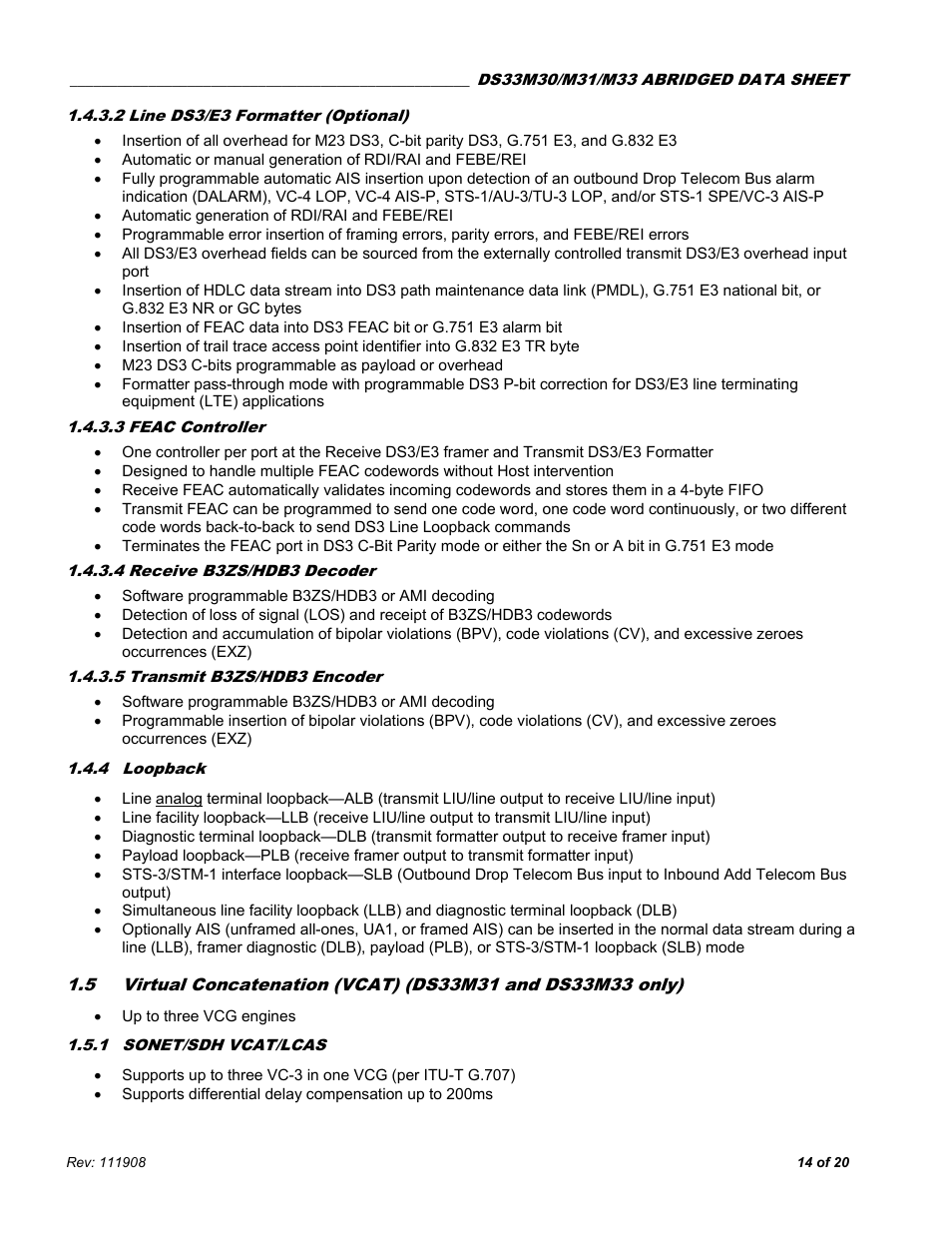 2 line ds3/e3 formatter (optional), 3 feac controller, 4 receive b3zs/hdb3 decoder | 5 transmit b3zs/hdb3 encoder, 4 loopback, 1 sonet/sdh vcat/lcas, Loopback, Irtual, Oncatenation, Vcat) (ds33m31 | Rainbow Electronics DS33M33 User Manual | Page 14 / 20