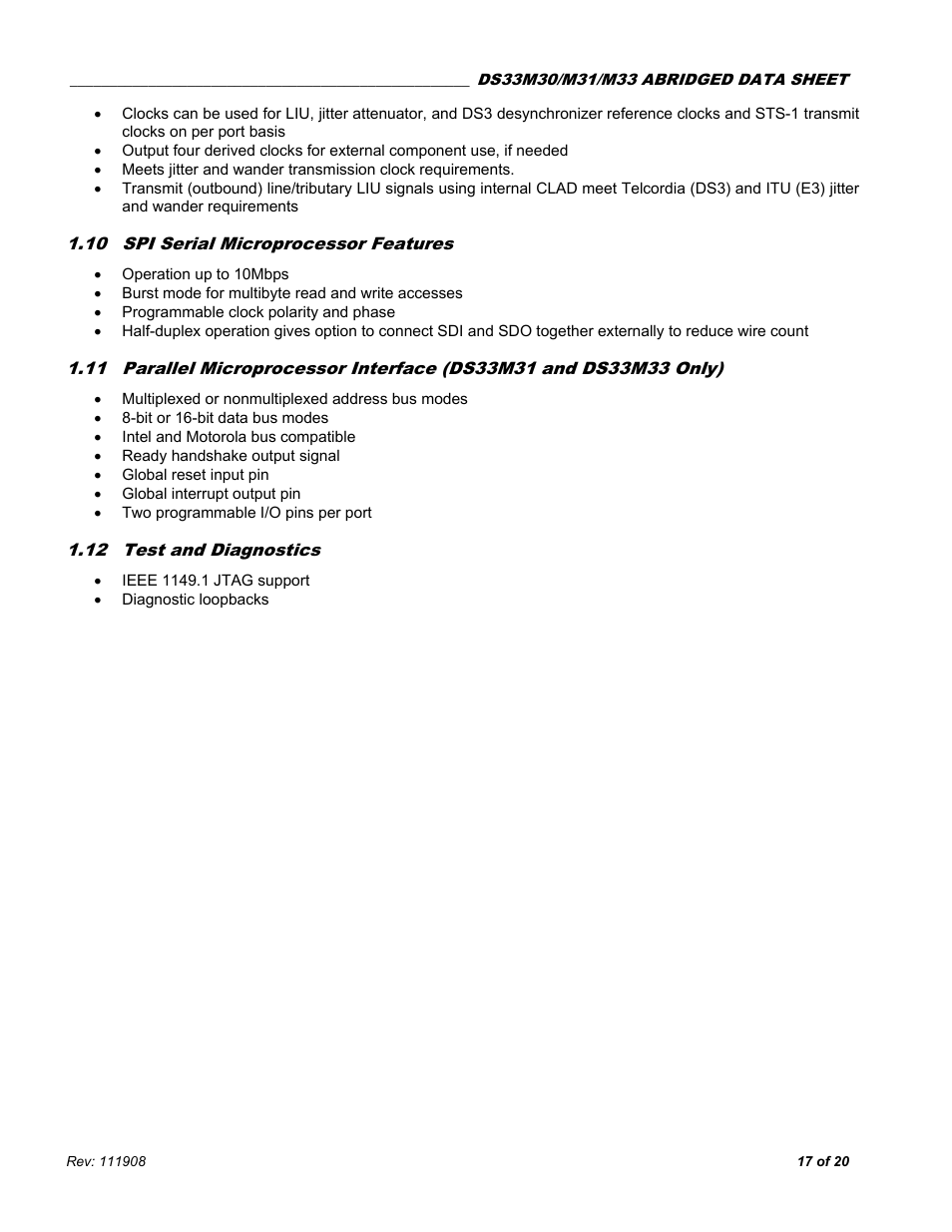 10 spi serial microprocessor features, 12 test and diagnostics, Spi s | Erial, Icroprocessor, Eatures, Arallel, Nterface, Ds33m31, Ds33m33 o | Rainbow Electronics DS33M33 User Manual | Page 17 / 20