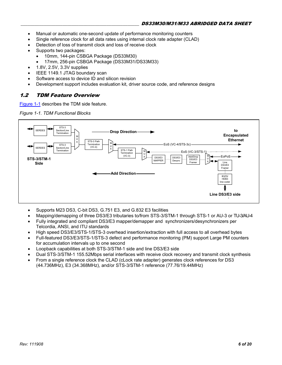 2 tdm feature overview, Tdm f, Eature | Verview, Figure 1-1 tdm functional blocks | Rainbow Electronics DS33M33 User Manual | Page 6 / 20