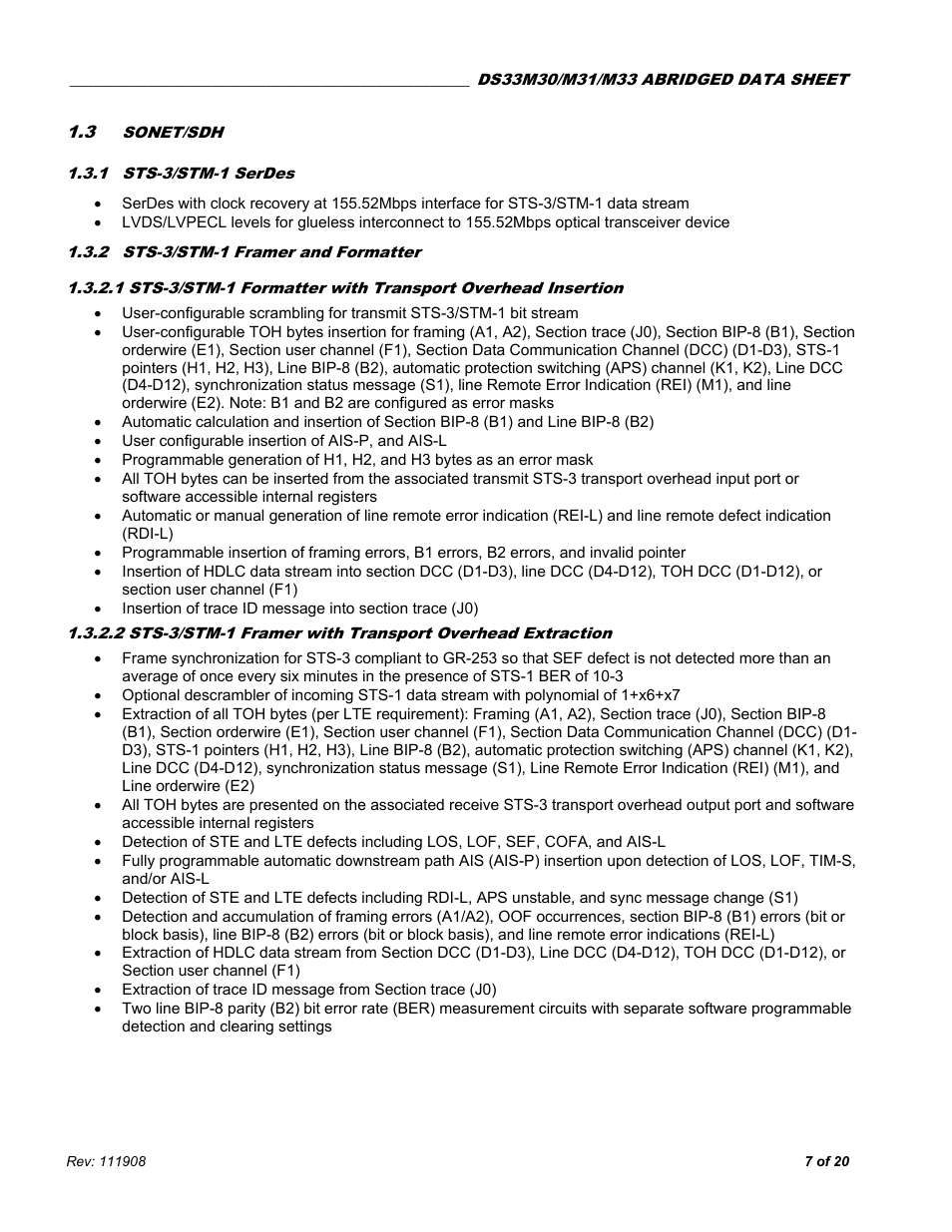 3 sonet/sdh, 1 sts-3/stm-1 serdes, 2 sts-3/stm-1 framer and formatter | Sonet/sdh, Sts-3/stm-1 serdes, Sts-3/stm-1 framer and formatter | Rainbow Electronics DS33M33 User Manual | Page 7 / 20