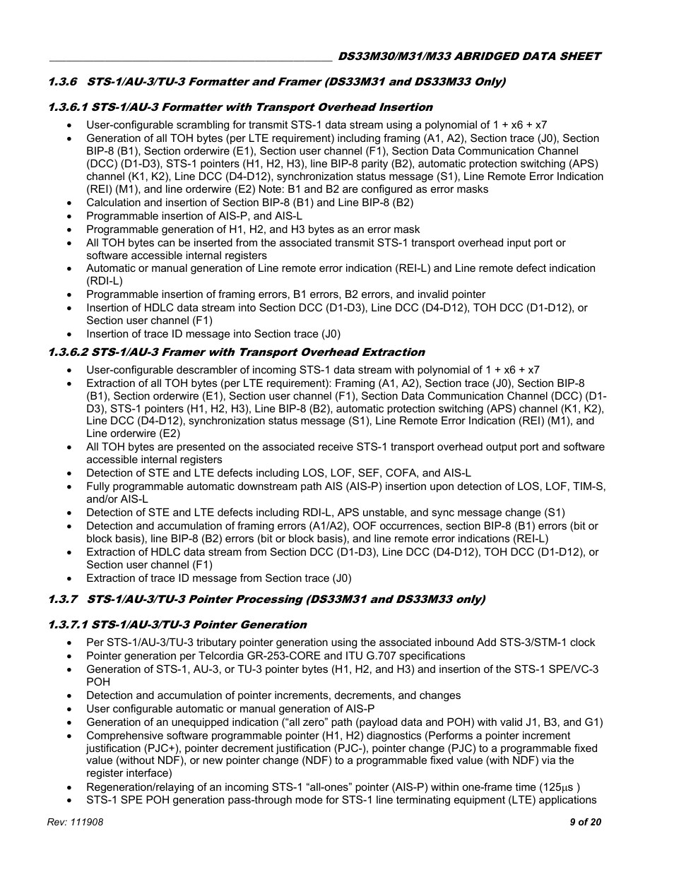 1 sts-1/au-3/tu-3 pointer generation | Rainbow Electronics DS33M33 User Manual | Page 9 / 20