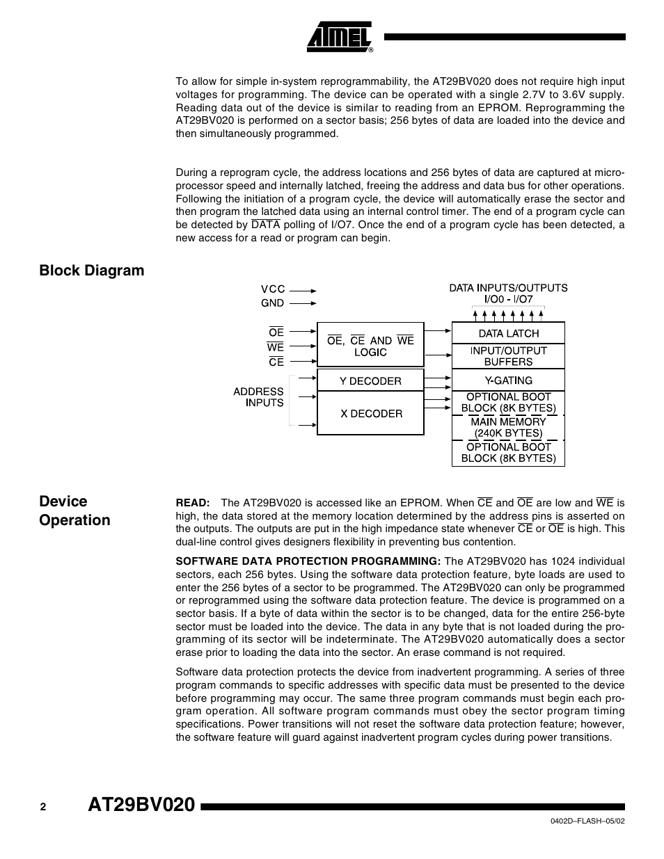 Block diagram, Device operation, Block diagram device operation | Rainbow Electronics AT29BV020 User Manual | Page 2 / 15