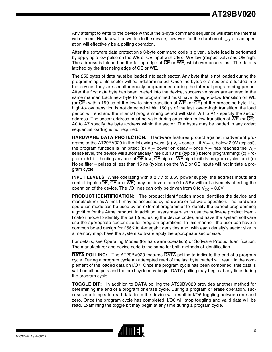 Rainbow Electronics AT29BV020 User Manual | Page 3 / 15