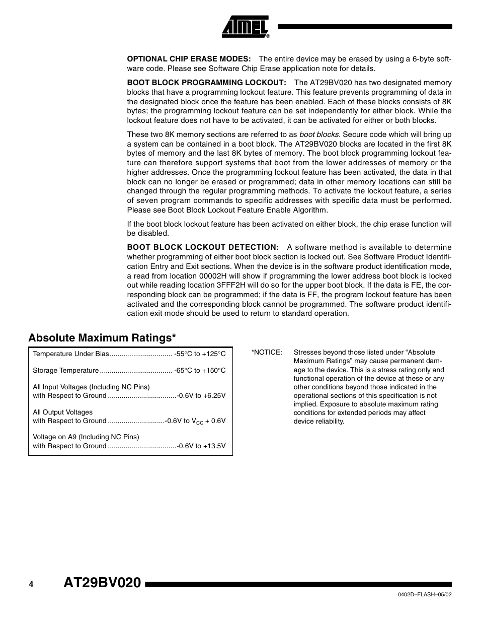 Absolute maximum ratings | Rainbow Electronics AT29BV020 User Manual | Page 4 / 15