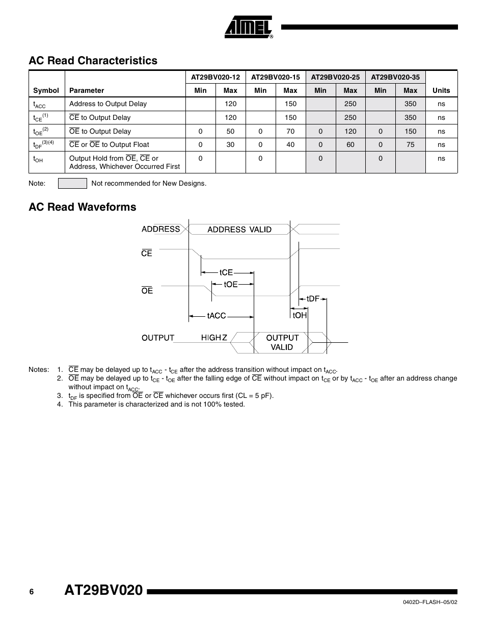 Ac read characteristics, Ac read waveforms | Rainbow Electronics AT29BV020 User Manual | Page 6 / 15