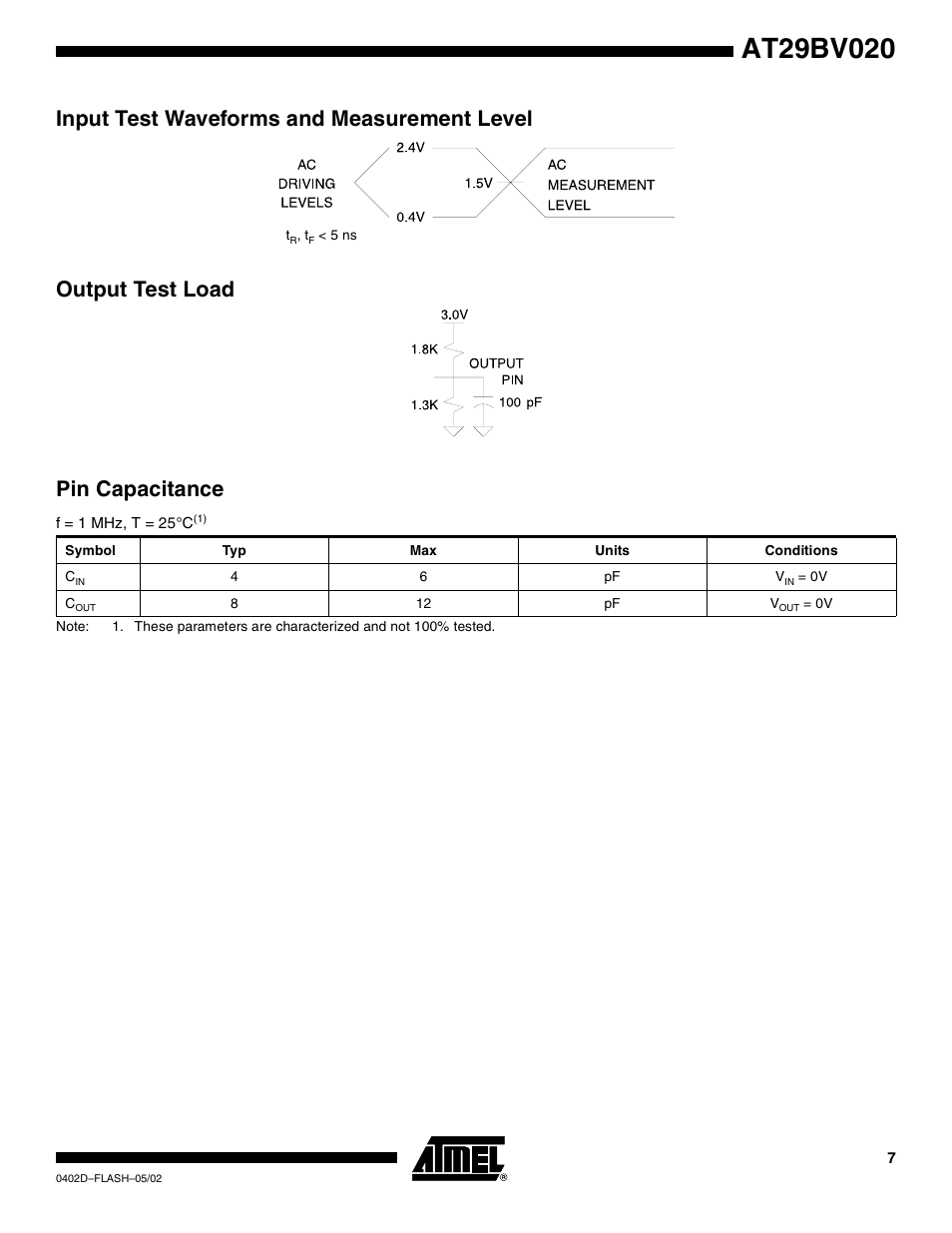 Input test waveforms and measurement level, Output test load, Pin capacitance | Rainbow Electronics AT29BV020 User Manual | Page 7 / 15