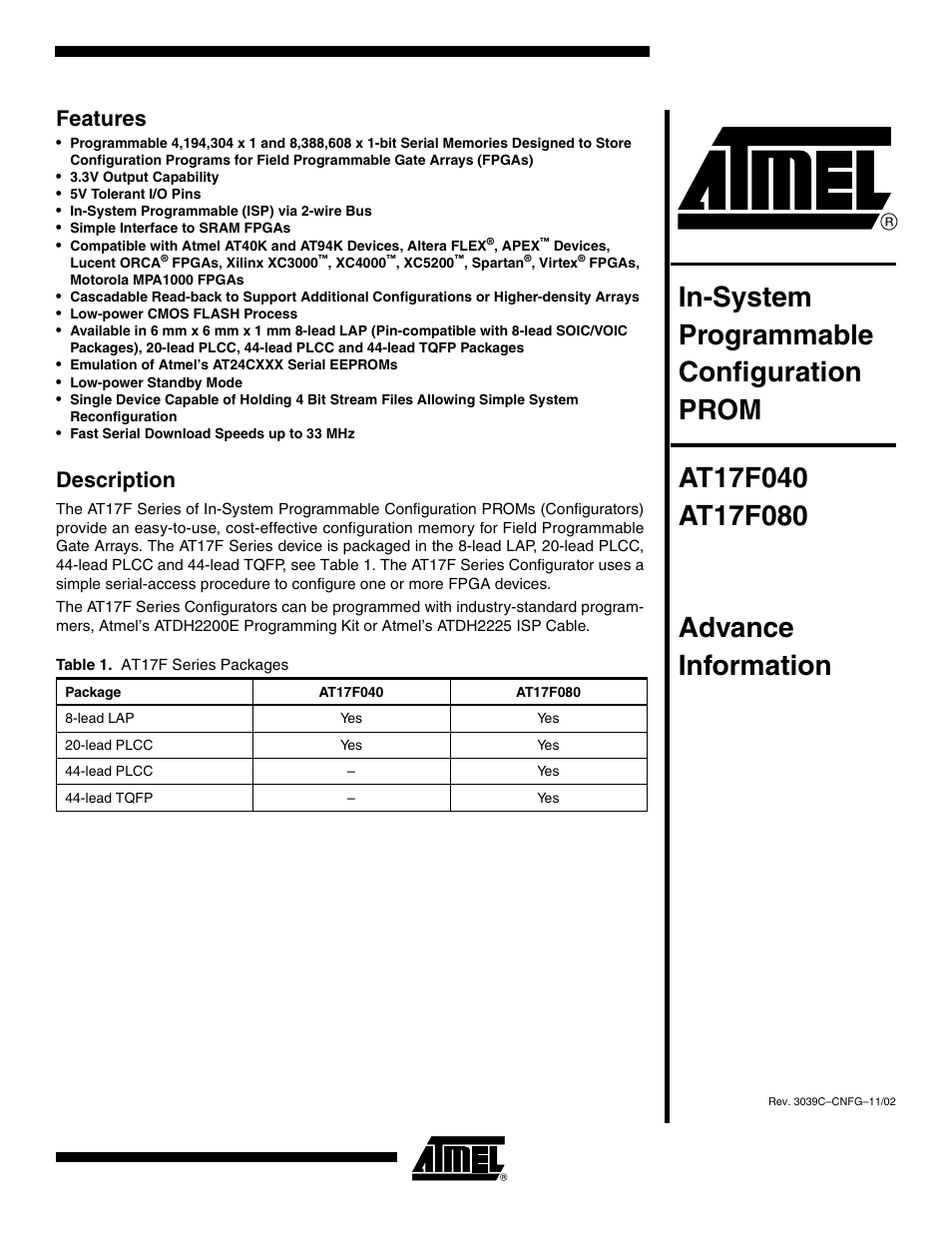 Rainbow Electronics AT17F080 User Manual | 18 pages