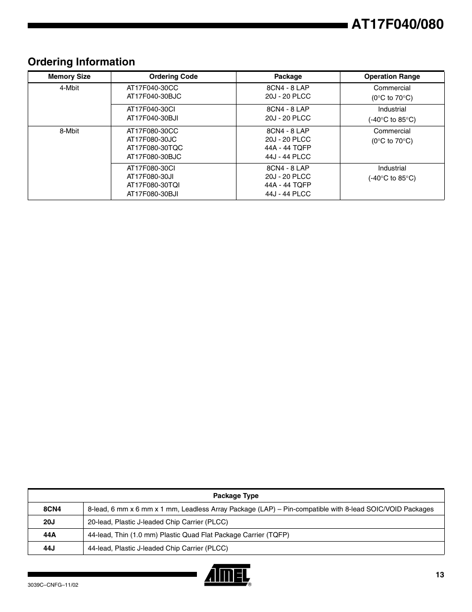 Ordering information | Rainbow Electronics AT17F080 User Manual | Page 13 / 18