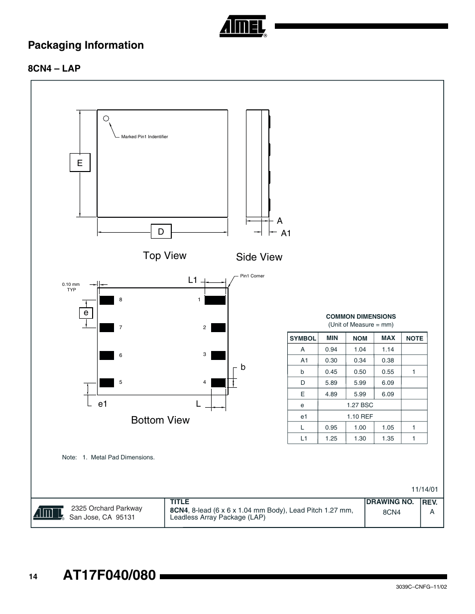 Packaging information, 8cn4 – lap, Top view | Side view, Bottom view, Lb e l1 e1, A1 a | Rainbow Electronics AT17F080 User Manual | Page 14 / 18