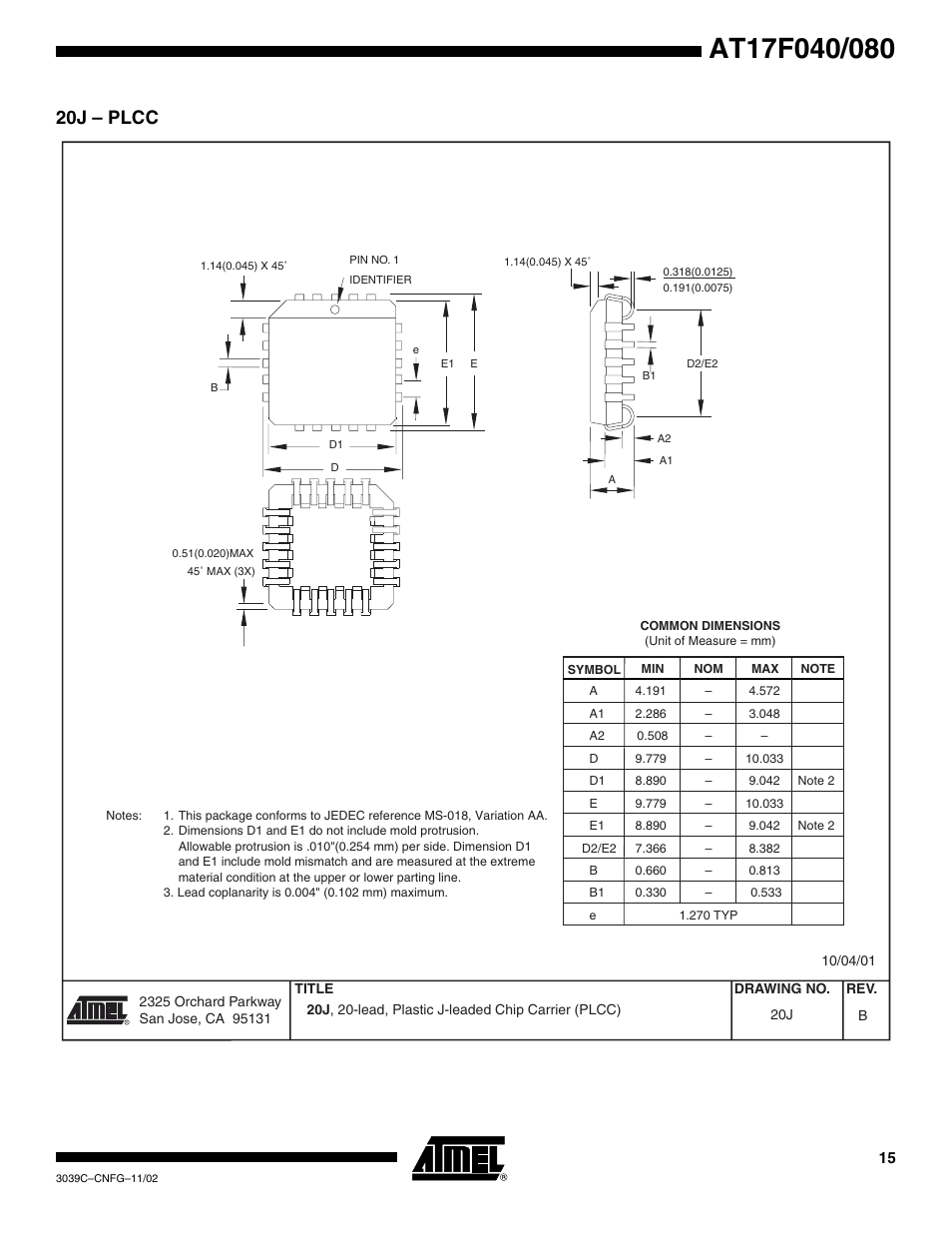 20j – plcc | Rainbow Electronics AT17F080 User Manual | Page 15 / 18