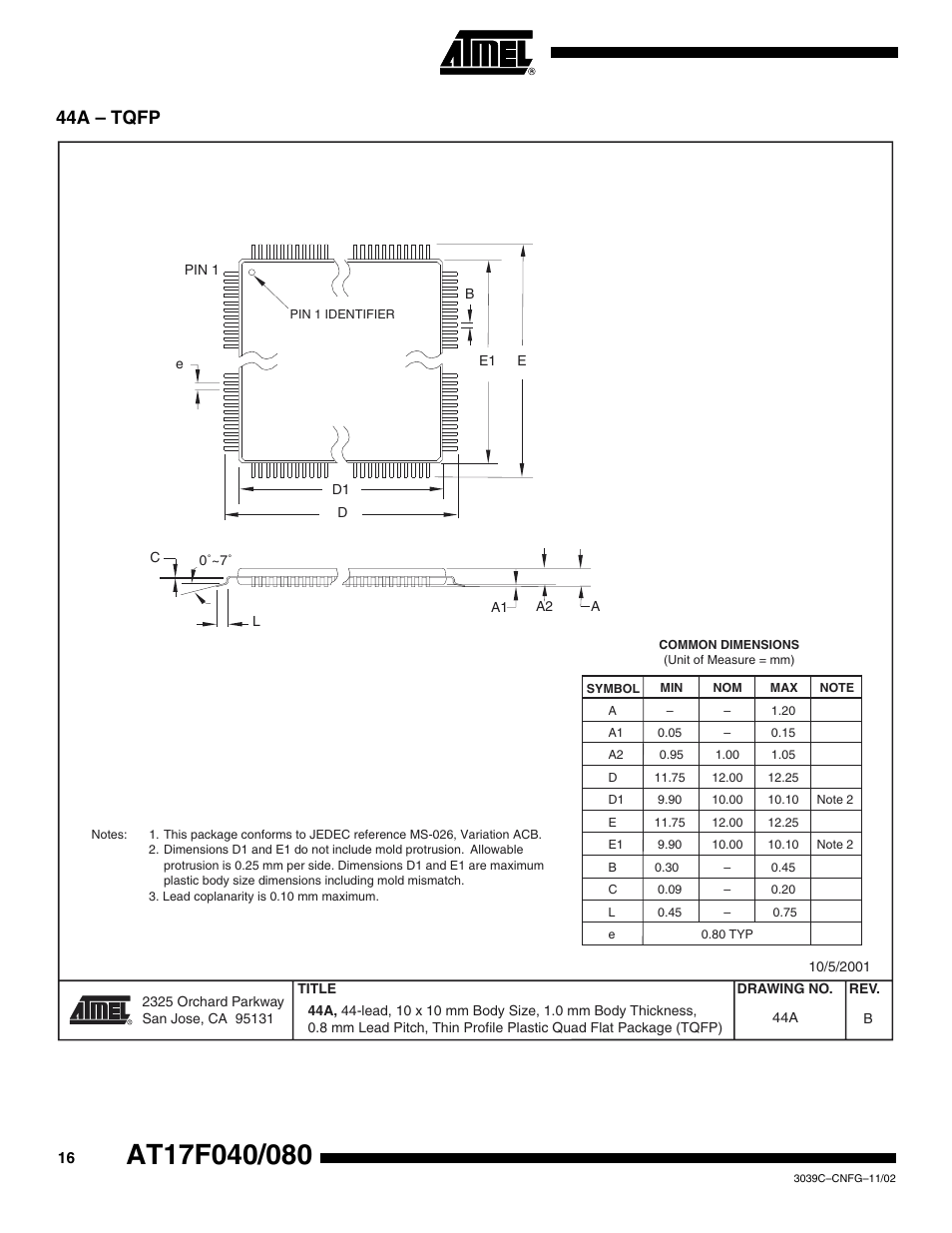 44a – tqfp | Rainbow Electronics AT17F080 User Manual | Page 16 / 18