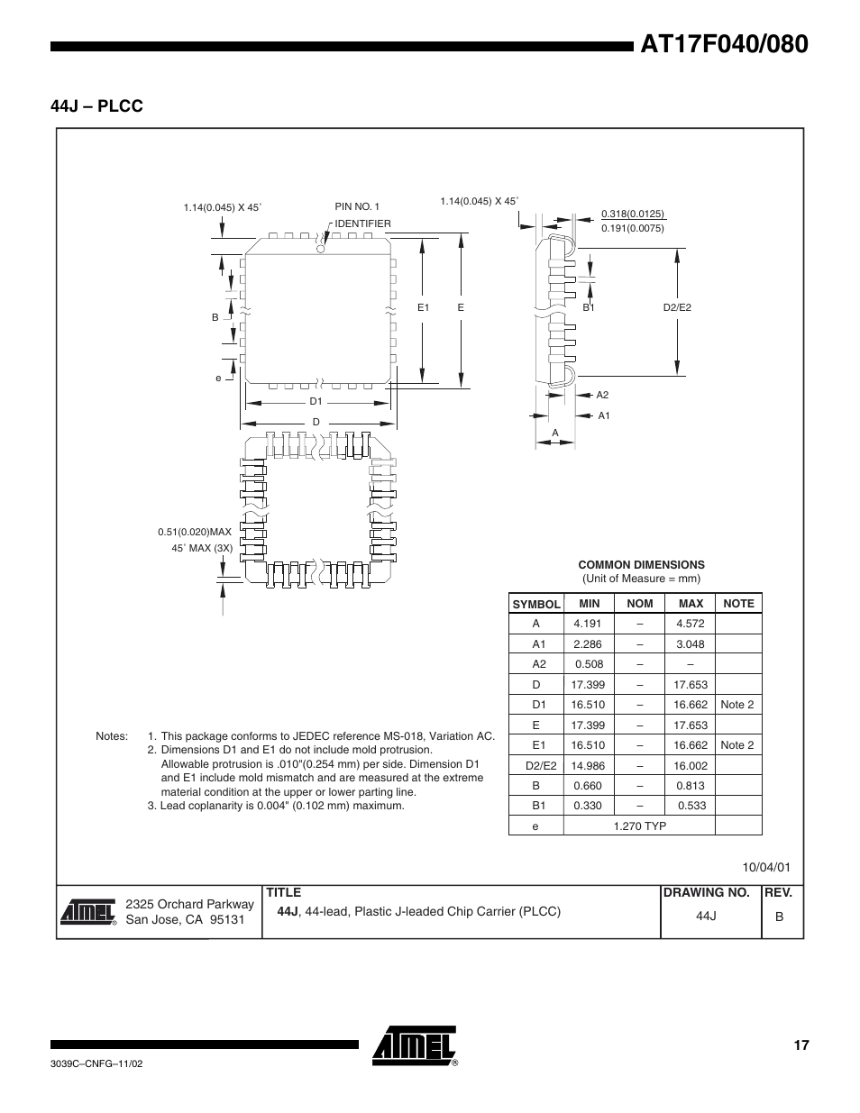 44j – plcc | Rainbow Electronics AT17F080 User Manual | Page 17 / 18