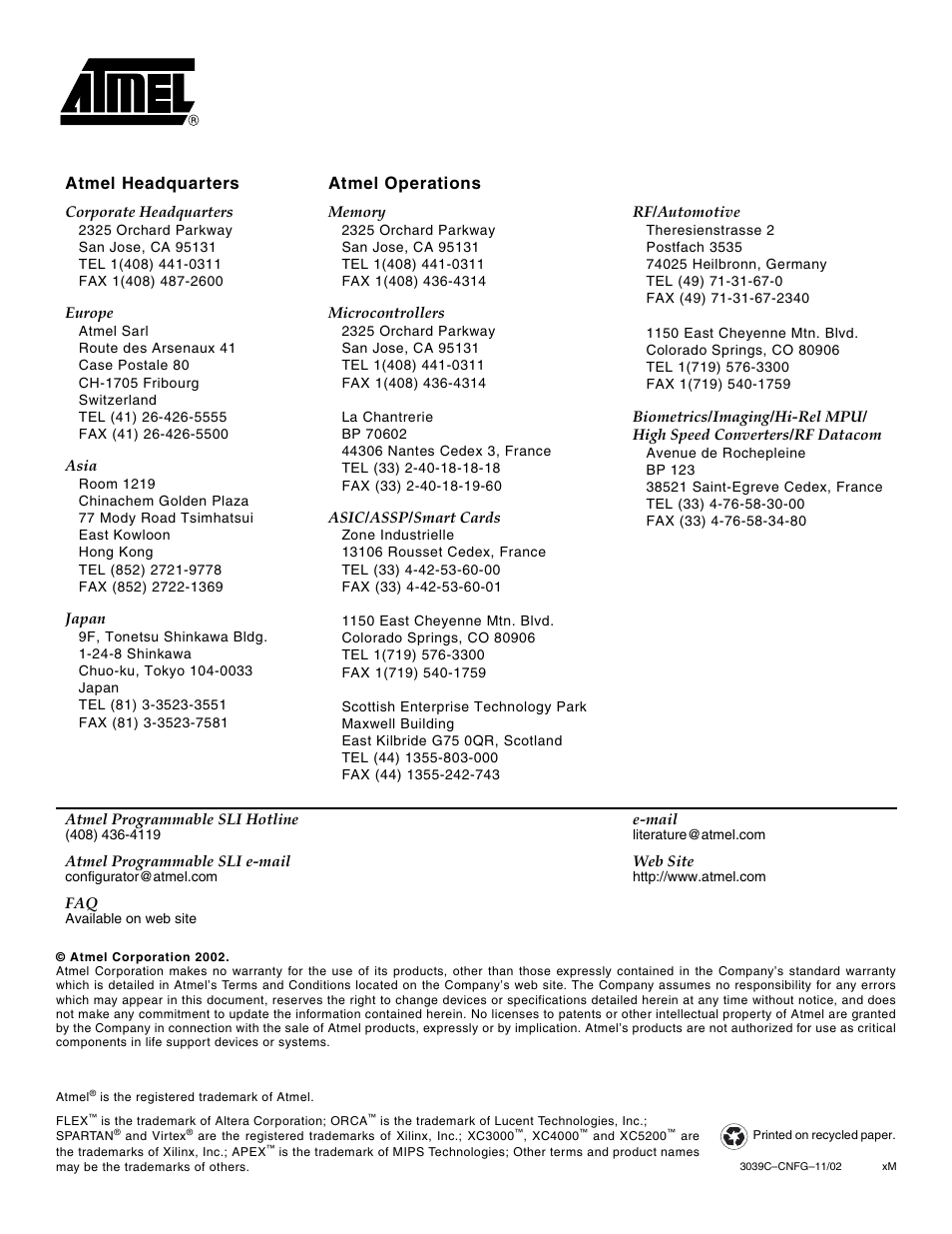 Atmel headquarters atmel operations | Rainbow Electronics AT17F080 User Manual | Page 18 / 18