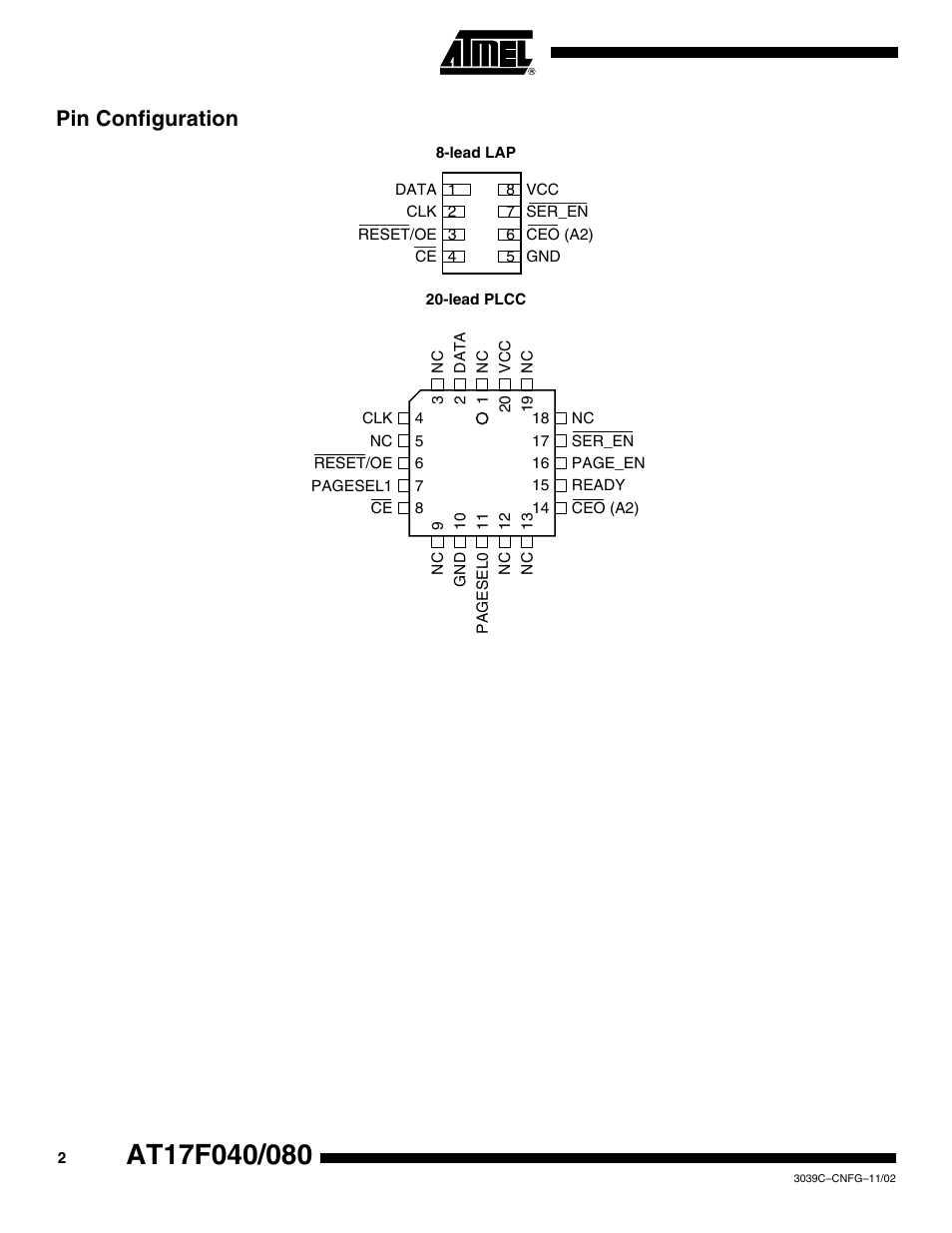 Pin configuration | Rainbow Electronics AT17F080 User Manual | Page 2 / 18